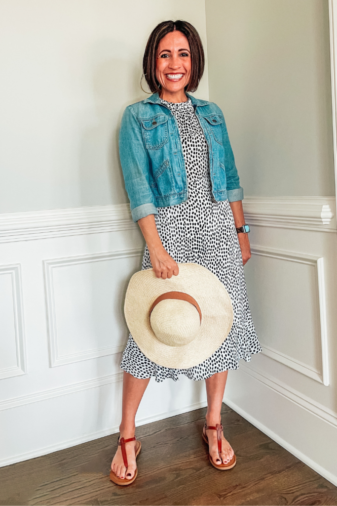 Dress with denim jacket and hat